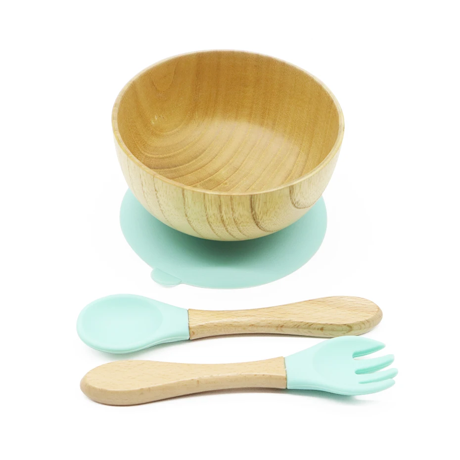 

Melikey Wholesale For Kid Toddler Spill Proof Wood Beech Suction Baby Bowl and Spoon Set