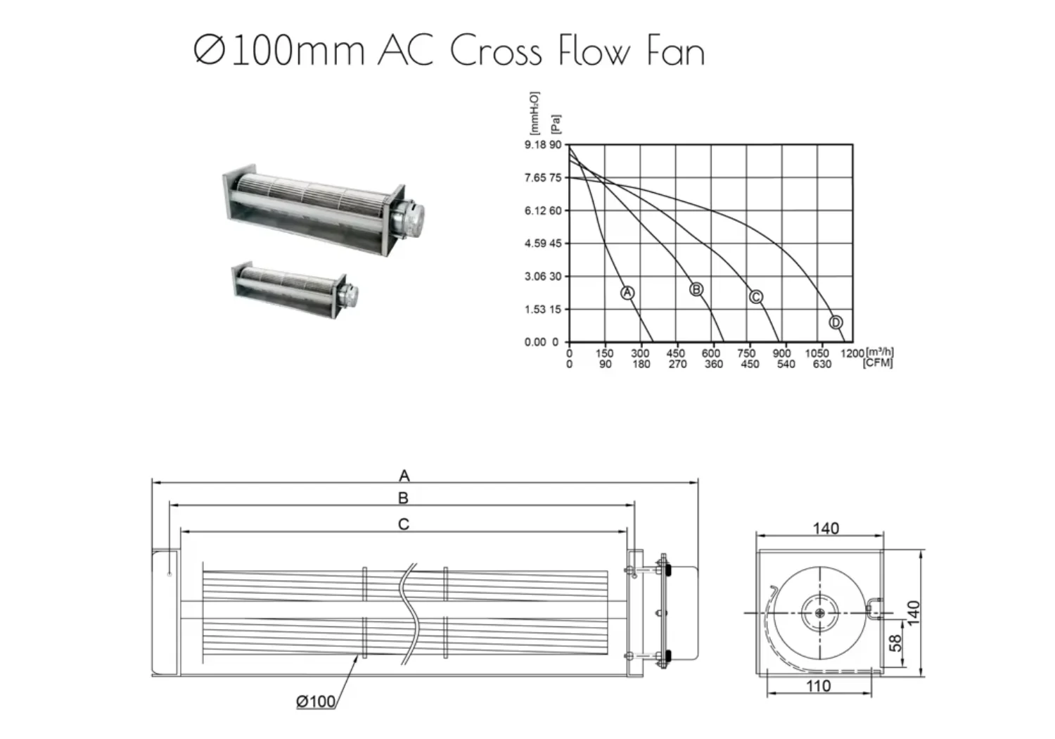 Cross Flow Fan, 100mm, 230V, Aluminum, Tangential - detail 12