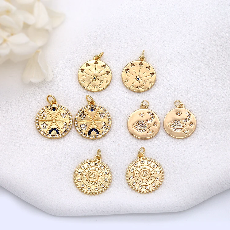 

14K Gold Plated Multi Pattern Round Shape Moon Star Charm for Necklace Making