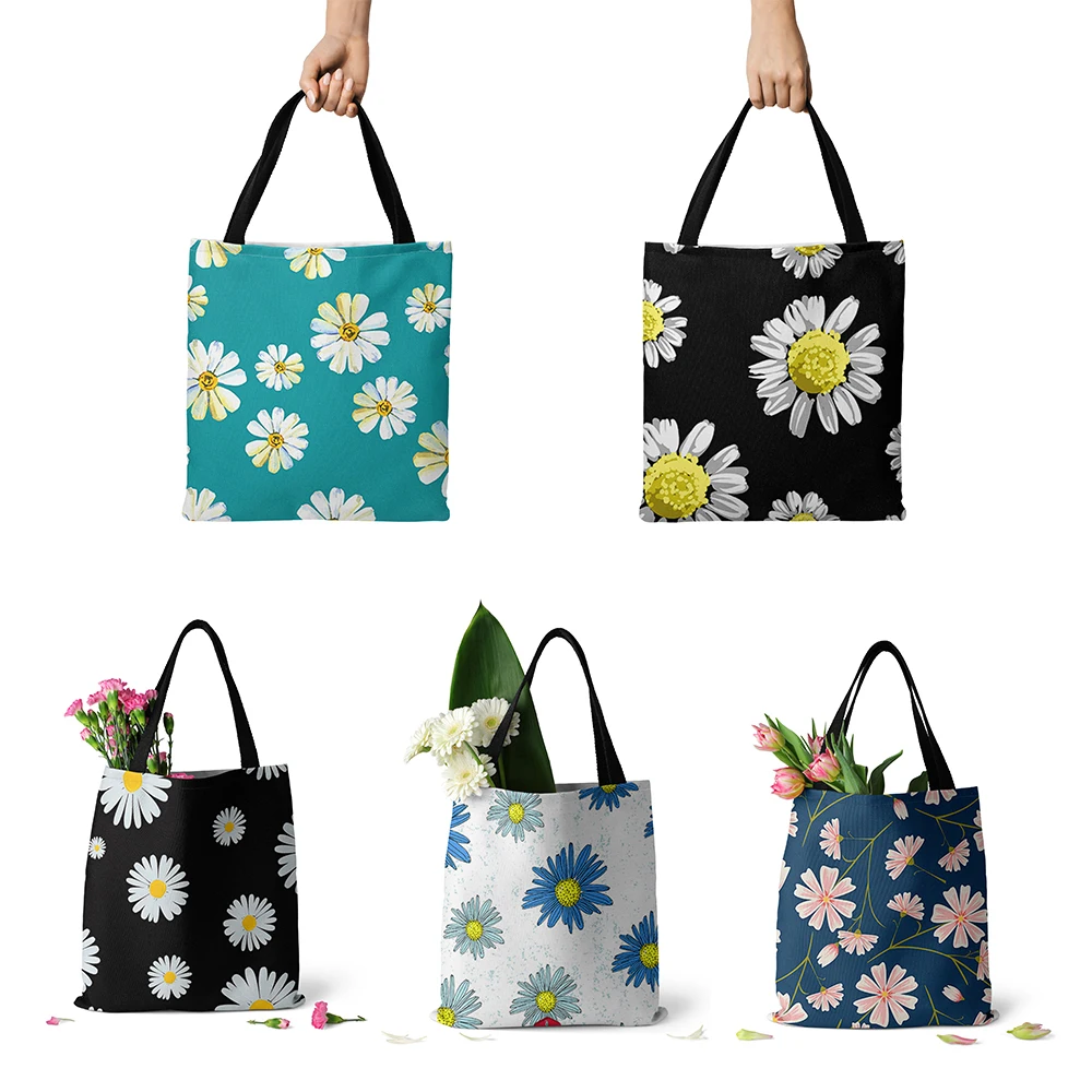

Little Daisy Series Women Shopping Bag Reusable Eco-friendly Grocery Bag Casual Canvas Handbag Shoulder Bag With Zipper For Girl
