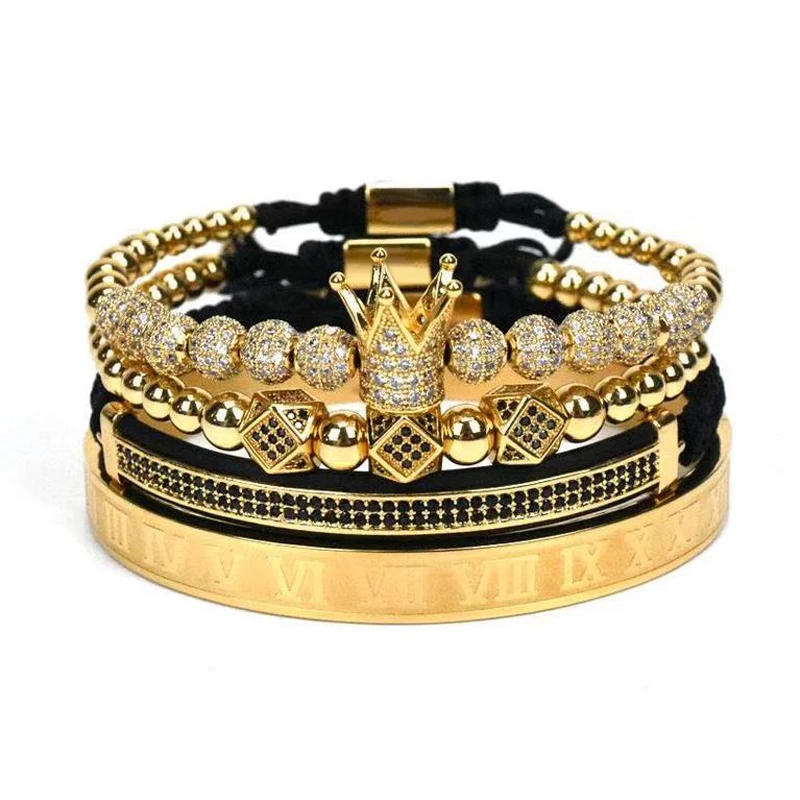 

Luxury 4Pcs/Set 18K Gold Royal Crown Bracelet Men Roman Numerals Engraved Bangle CZ Crown Braided Macrame Bracelet Male