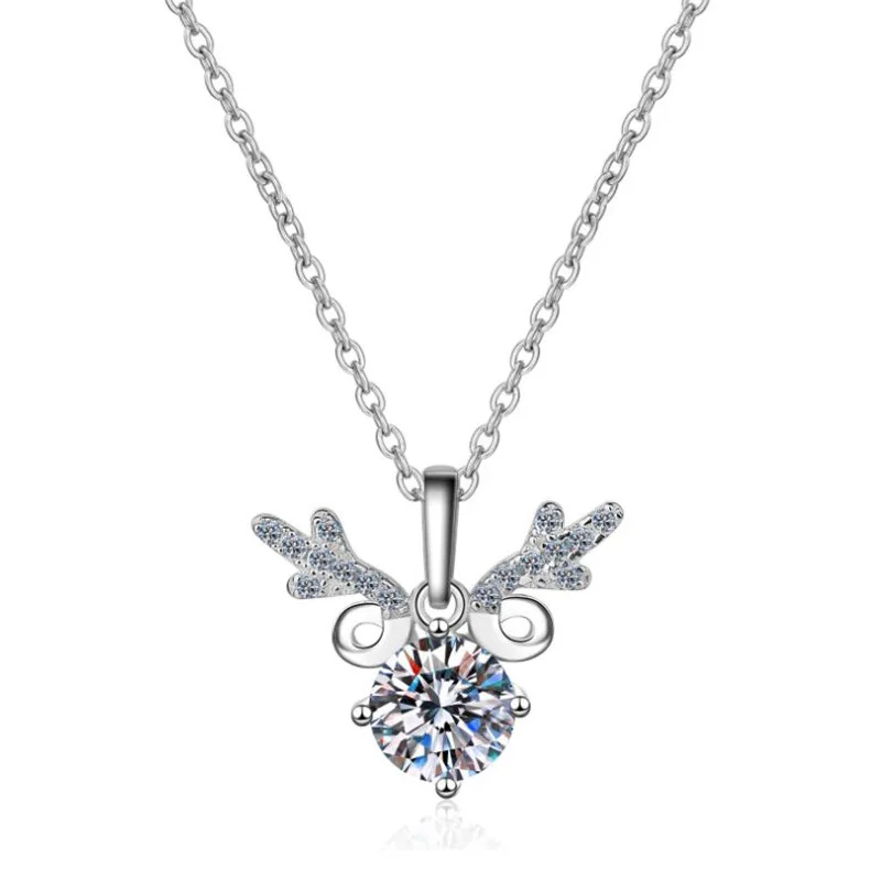 S925 Sterling Silver Antler Pendant Necklace Classic Style Wedding Engagement Gift Silver Plated Channel Set Moissanite Women's