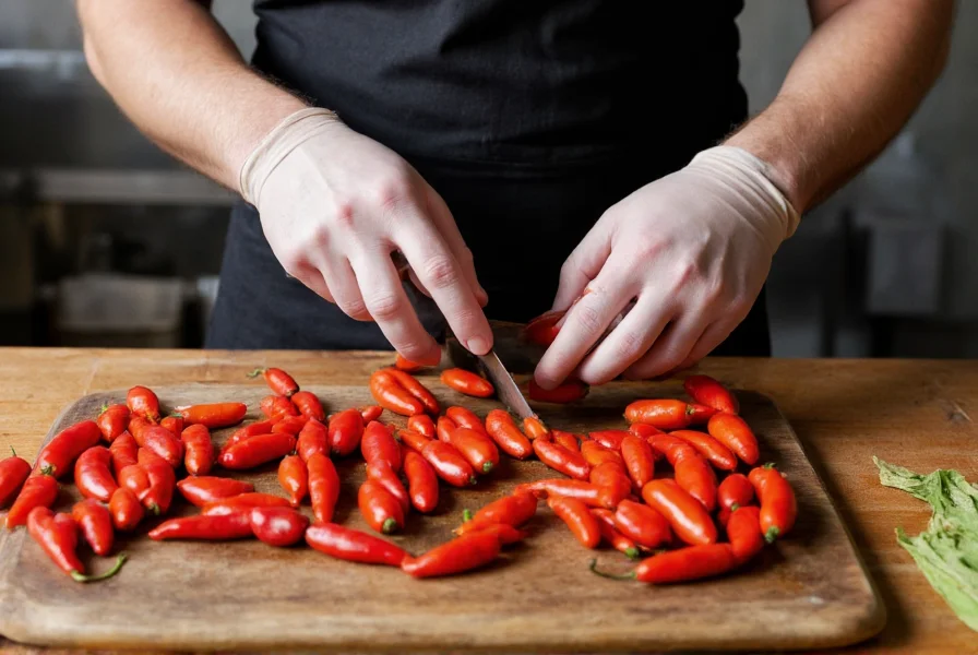 Chef wearing gloves while carefully handling various chili peppers on a cutting board for cooking