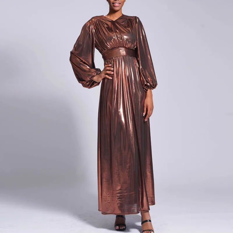 New Stretchy Islamic Clothing Ramadan Robe V Neck Long Sleeve Maxi Dress Elastic Cuff Shiny Smooth Abaya