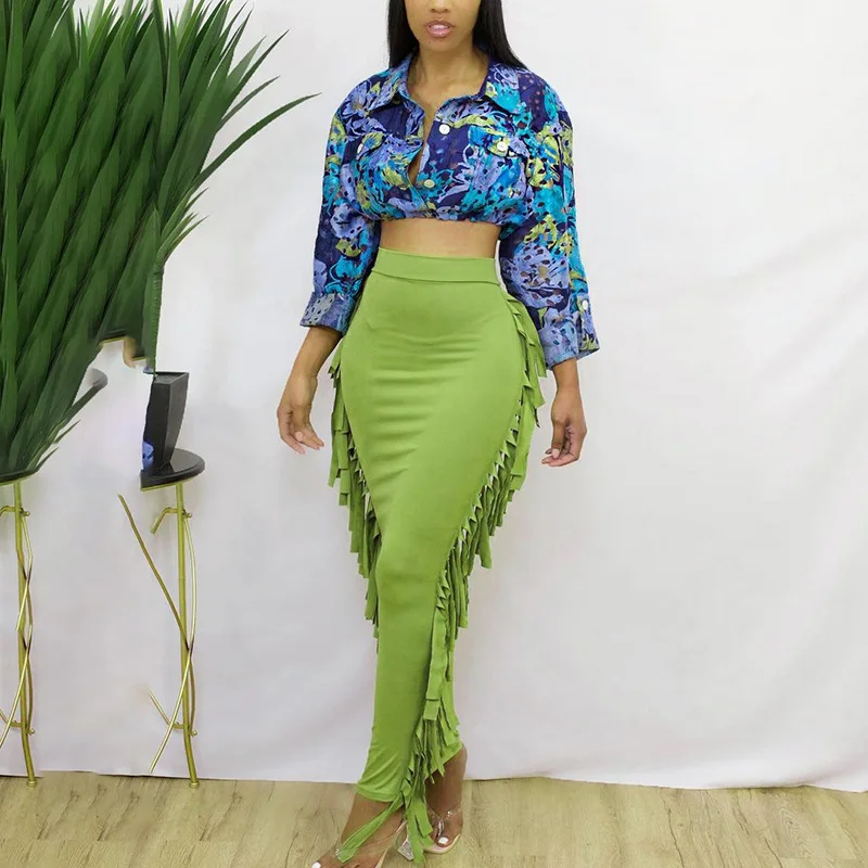 

H7800 - 2021 sexy women fashion bodycon solid color tassel long skirt