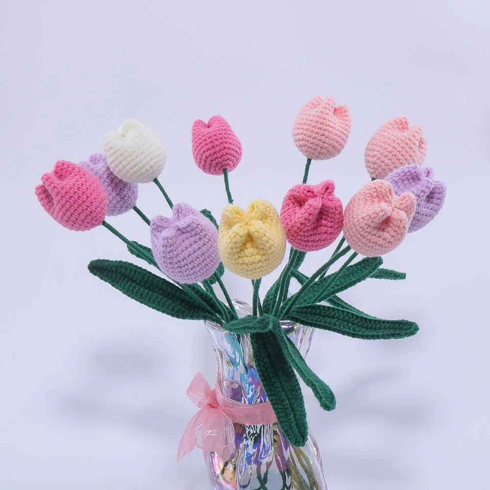 Image of Handmade Stem Rose Crochet Flower Artificial Knitted Wool Flowers Flocked Bundle Fake Plants Wedding Valentine's gift