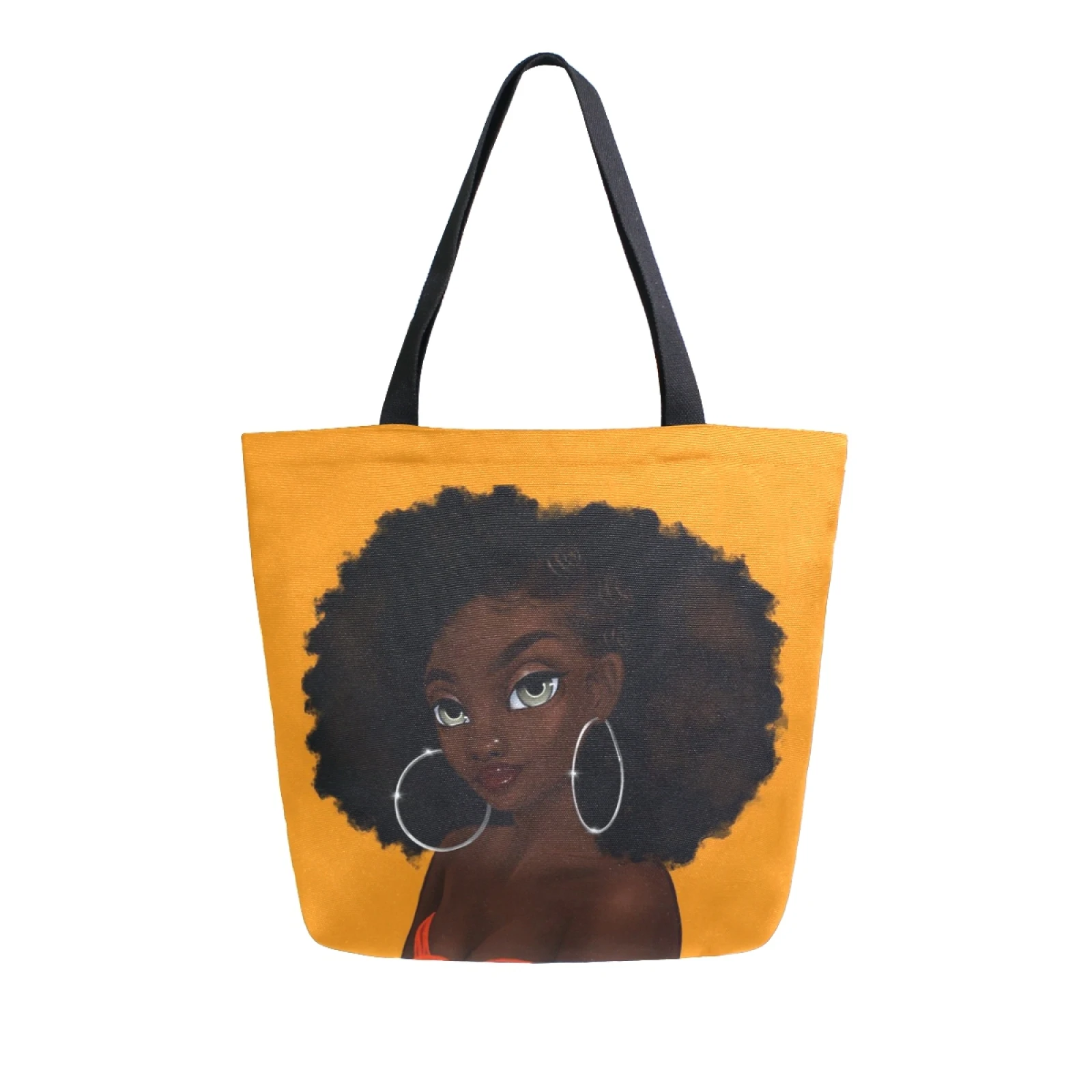 

Fashion Africa Girl Print Wholesale Customized all over printed Canvas Beach Bags Lady Tote bags Fitness hand bag for women