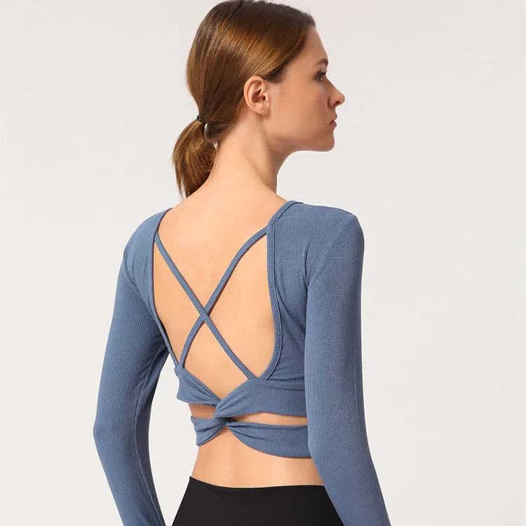 

Women's long-sleeved shirt tight elastic sexy strap sports fitness yoga top with pad