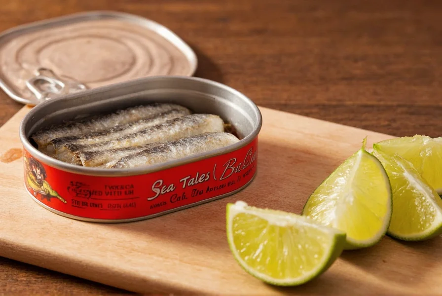 Sea Tales Sardines with Chili can showing the distinctive red label and pull-tab lid on a wooden table with fresh lime wedges