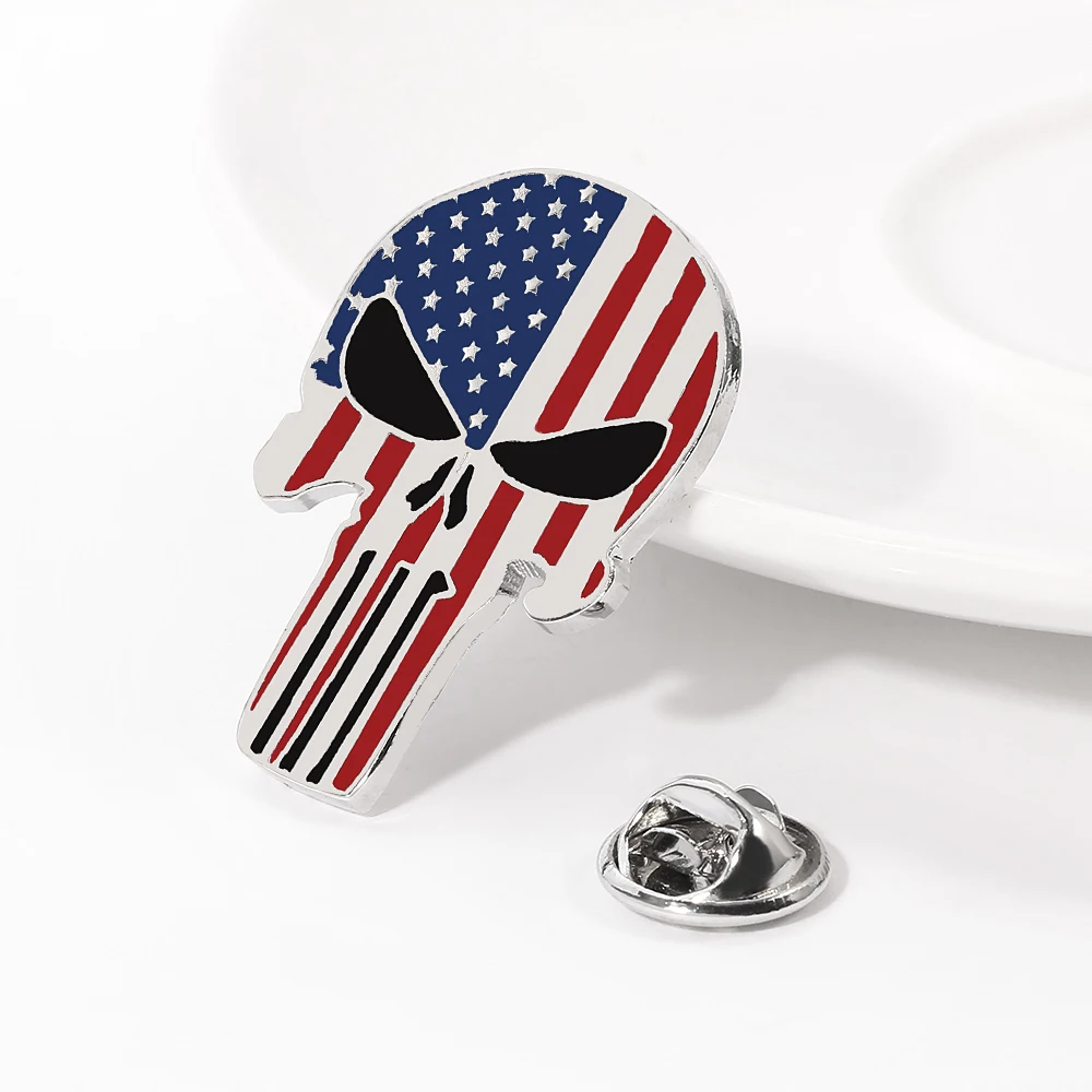 

2020 The Punisher American Flag Brooch Skeleton Head Hard Enamel Pin Badge Brooch Skeleton Punk Jewelry, As picture show