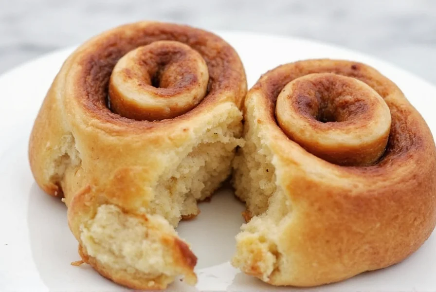Finished yeast-free cinnamon rolls with cream cheese frosting showing perfect layering and golden brown color