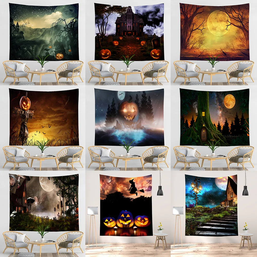 

Halloween Tapestry Night Wall Hanging Haunted Woods with Grave and Pumpkins Wall Blanket For Bedroom Living Room Dorm Decor