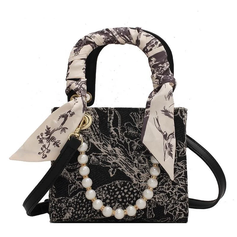

2022 Fashion New Trendy Silk Scarf Pearl Chain Handbag Shoulder Messenger Bags Niche Design Bag Women Purses And Handbags