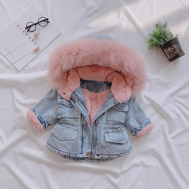 

Winter baby Clothing Kids Thick noys girls Hooded jacket children fleece lined jacket fur hoodies denim jacket chaqueta, As picture