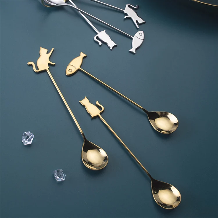 

Amazon product stainless steel spoon cat fish coffee spoon dessert cake spoon cute animal cutlery, Silvery/golden