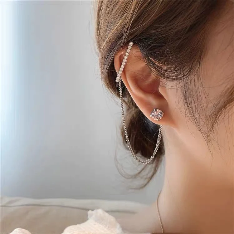 

90149 Silver Plated Diamond Zircon Crystal Stud Double Helix Chain Dainty Dangling Earrings Crawlers Cuff Jewelry Manufacturer