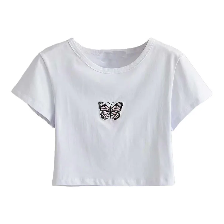 

European and American style 2021 new women's high waist slim slimming short crop top women butterfly embroidery T-shirt women, Picture showed