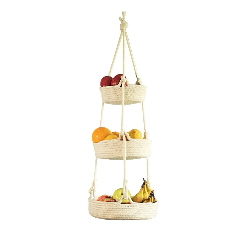 

Hanging Fruit Basket 3 Tier Custom Woven Cotton Rope Fruit Hanging Basket For Kitchen Storage, Nature