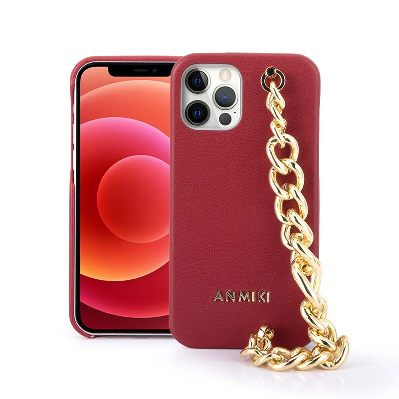 

European American style Red pu leather phone cover For Iphone 11 12 13 Case with Titanium steel Wrist chain
