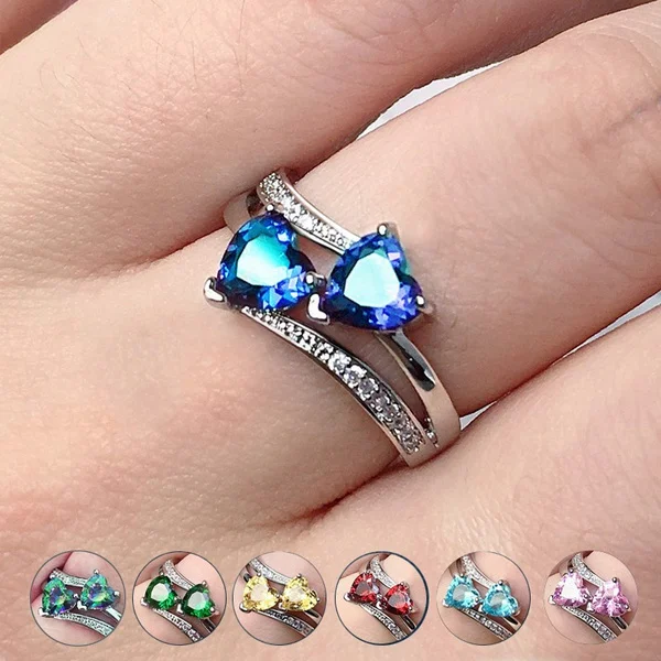 

Colorful Cubic Zirconia White Gold Plated Engagement Promise Double Heart Birthstones Ring For Her Romantic, As the pictures