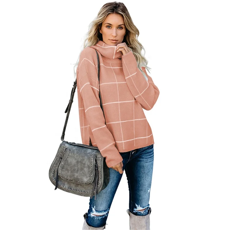 

2021 ODM OEM In Stock New Arrival Fashion Long Sleeve Plaid Pullover Turtle Neck Sweater With Hood Women