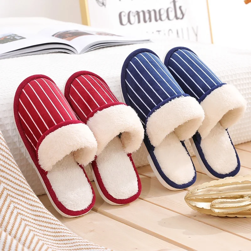 
Stripe Soft Plush Home Slippers Indoor Cotton Shoes Winter Floor Warm Furry Slippers For Women And Men 