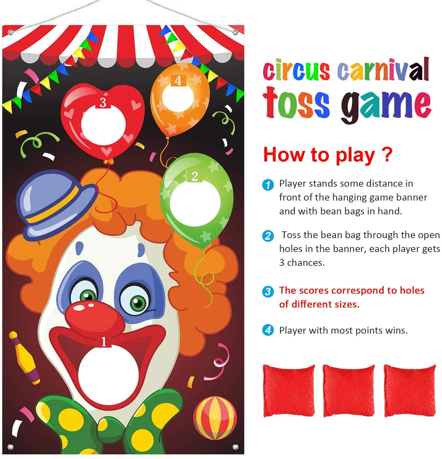 Carnival Party Decoration Supply Set 8 Holes Carnival Clown Toss Game Banner with 3 Bean Bags and 9.8 ft Rope for Kids and Adults in Carnival Party Activities 