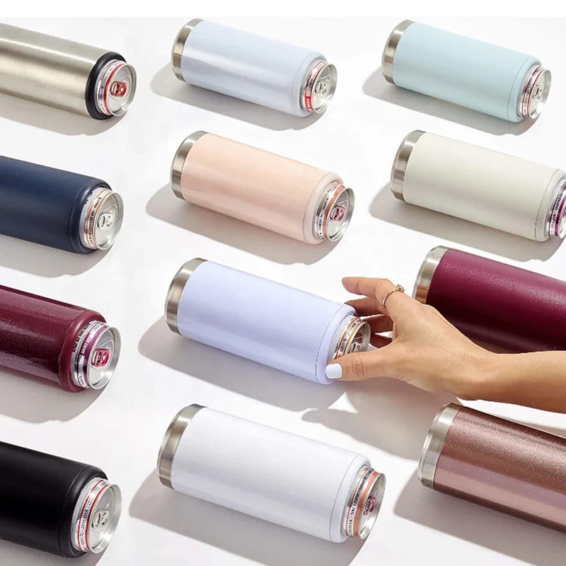 
2020 new ideas 12oz double walled stainless steel vacuum insulated slim beer can holder cooler insulator with lid 