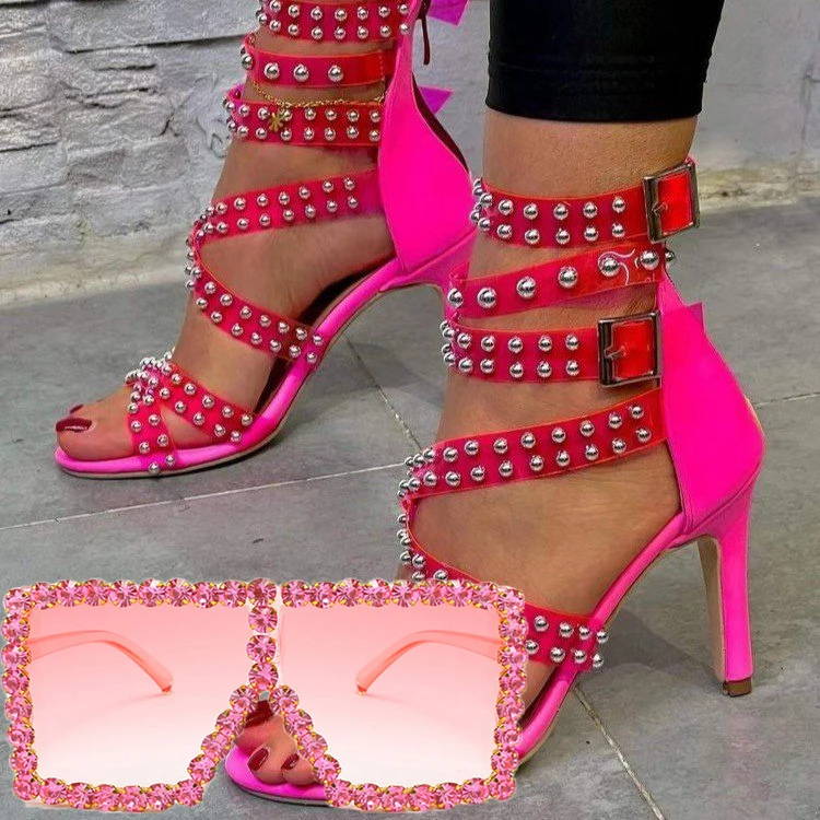 

Wholesale Free Shipping Transparent Luxury Heels Sandals Sexy Women Match Fashion Big Sunglasses Set