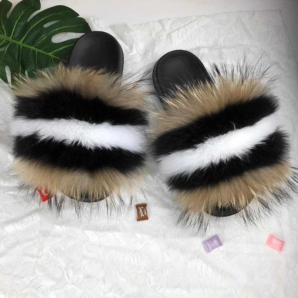 
Wholesale Furry Raccoon Fur Slides Slipper for women 