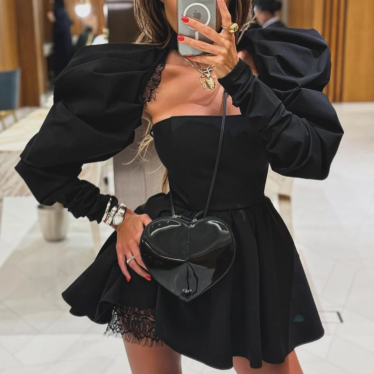 Chic Designs 2024 New Lace Trim Detachable Halter Neck Stacked Long Sleeve Tube Top Mini Black Dress for Ladies Party Two-Piece
