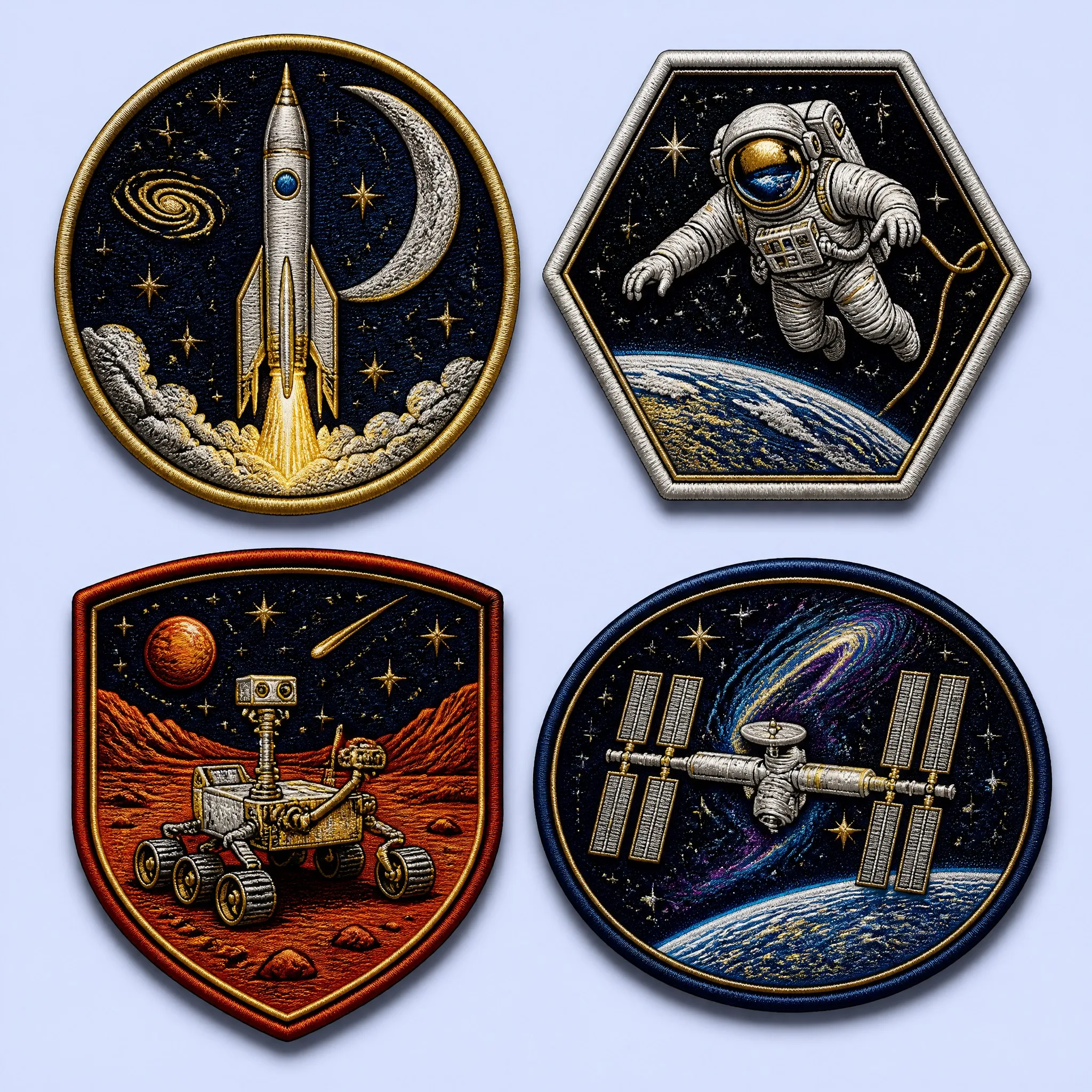 4-Piece Sci-Fi Space Collection: Retro Rocket Launch, Spacewalk Astronaut EVA Hexagon, Mars Rover Shield, and Space Station ISS Nebula Oval