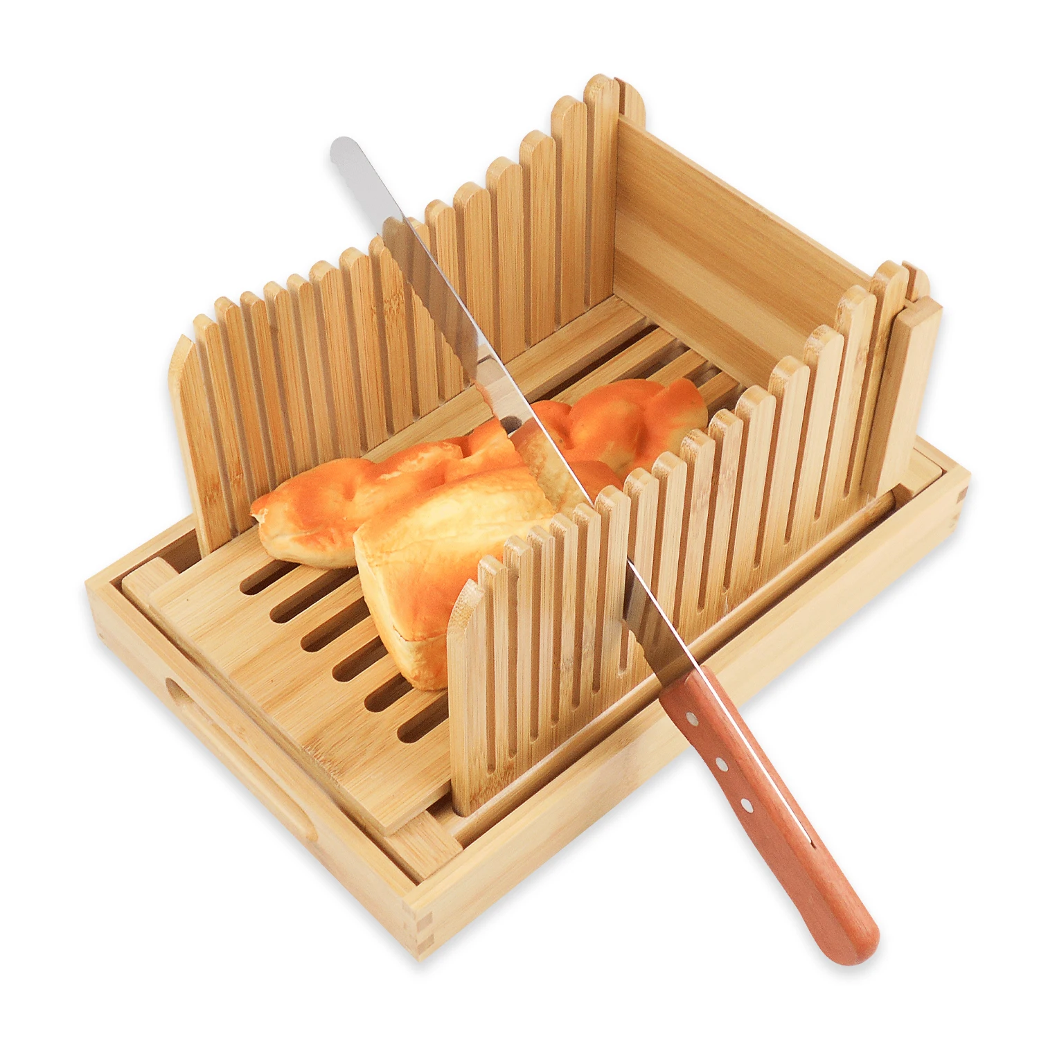 

Bamboo Wood Foldable Bread Slicer Compact Bread Slicing Guide With Crumb Catcher Tray For Homemade Bread Thickness Adjustable