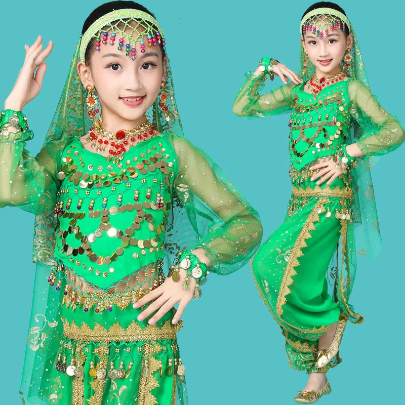 Magogo Belly Dance Costumes for Girls 5-Piece Set Bollywood Indian Arabian Performance Dress Kids Carnival Outfit