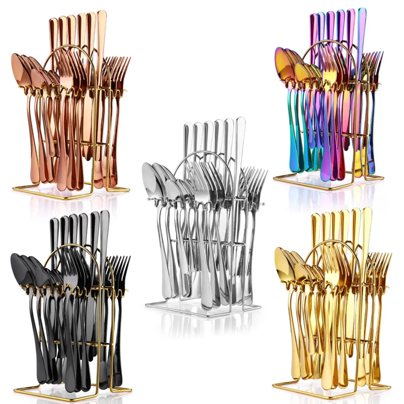 

Luxury Gold Stainless Steel 24 Pieces Cutlery Sets With Stand Service For 6 Persons, Silver,gold