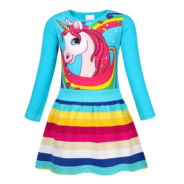 

New spring unicorn dress Printed Rainbow Stripe Girls Casual Dress Cotton long sleeve dress, Sky blue/rose