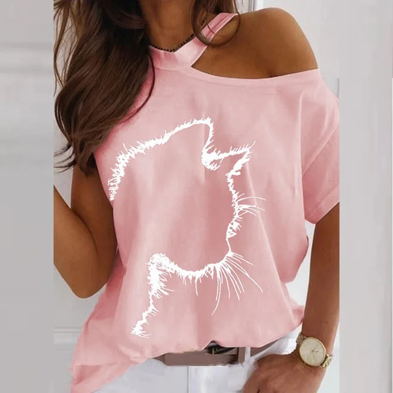 

Women Cat Print Short Sleeved Round Neck Loose Top Ladies Fashion Sexy Summer Plus Size T-Shirt, Picture