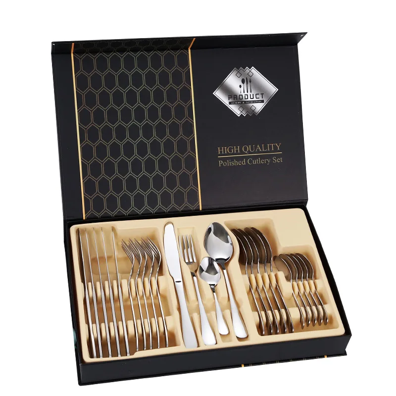 

Wholesale 24pcs Cutlery Set with Gift box Dinner Knife Fork Spoon Stainless Steel Cutlery Set