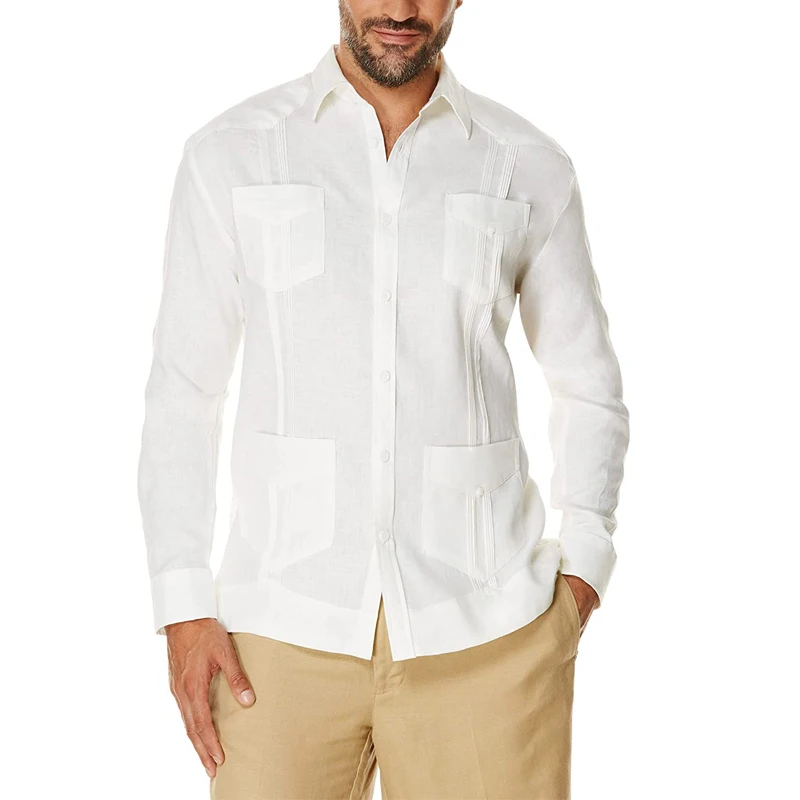 

Men's Long Sleeve Casual Button Down Cotton Cuban Mexican Guayabera Shirts Linen Beach Wedding Shirt with 4 Pockets