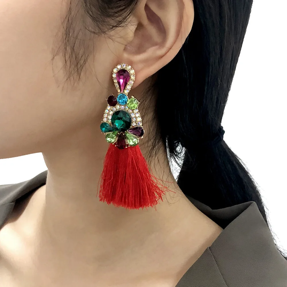 

2021 pastoralism Bohemian style women red blue orange tassels with rhinestones high quality earring with manufactory directly, Gold