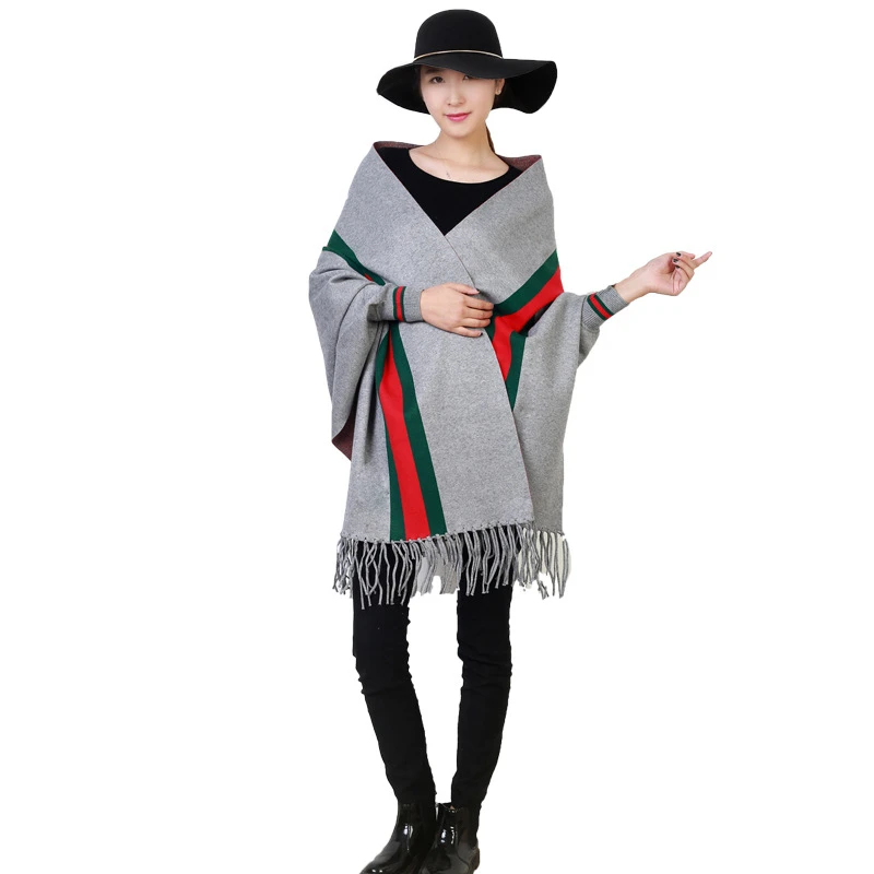 

Poncho Sweater Jy-000 2020 Wholesale Ladies Winter Poncho Stripe Poncho Sweater With Fringes