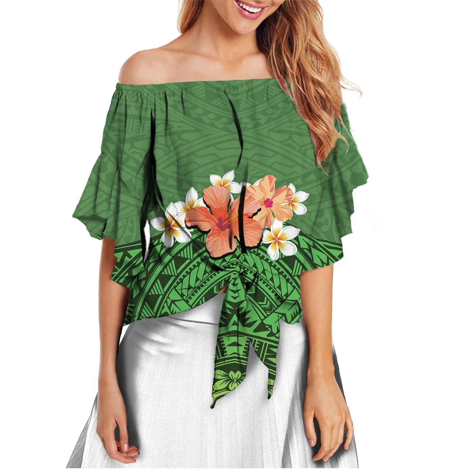 

Sexy Polynesian Tribal Ladies Tops and Blouses Shirt Casual Summer Women Off Shoulder Office Short Sleeve Bell Sleeve Shirts 3XL