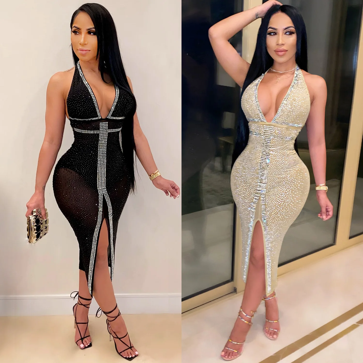 

2021 Hot Sell Summer Stylish Sexy Mesh Diamond Dress Party Bodycon Sequins Dress See Through For Women Clubwear