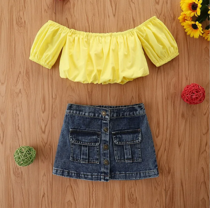 

Kid Girl Summer Square Shoulder T-shirt and Jeans Skirt Set