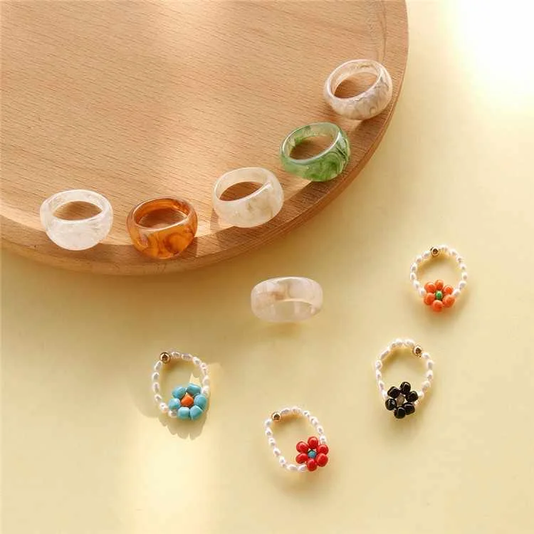

Ins Fresh Water Pearl Flower Ring With Transparent Resin Round Simple Girl Fashion Tail Ring, Picture shows