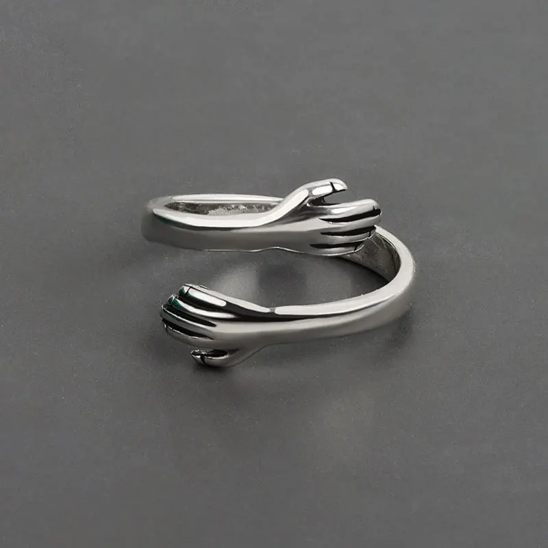 

Amazon Best Selling S925 Stamp Hug Open Rings Adjustable Sterling Silver Plated Two Hands Rings For Gifts