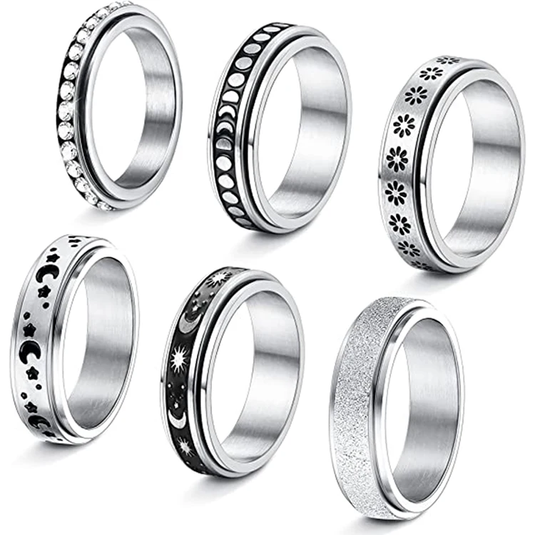 

Hot Sale Finger Engraved Silver Star Moon Anxiety Fidget Ring for Women