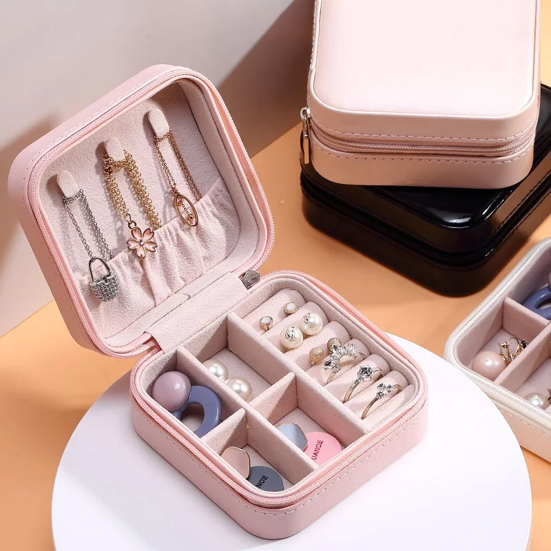 

Custom Logo Leather Travel Zipper Case Storage Jewelry Organizer Box, White/pink