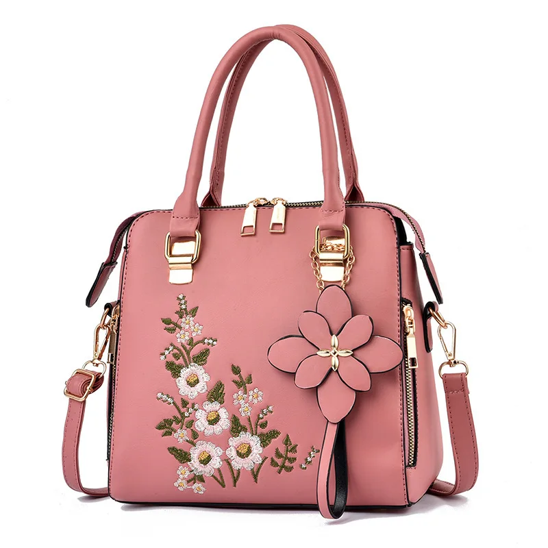 

Ladies Embroidery Design Pu Leather Handbag High Quality Retro Candy Color Floral Print Shoulder Bag