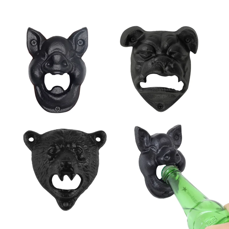 

Hot Selling Vintage Cast Iron Beer Opener Animal Head Shaped Wall Mount Bottle Opener For Home Bar Accessories, Black